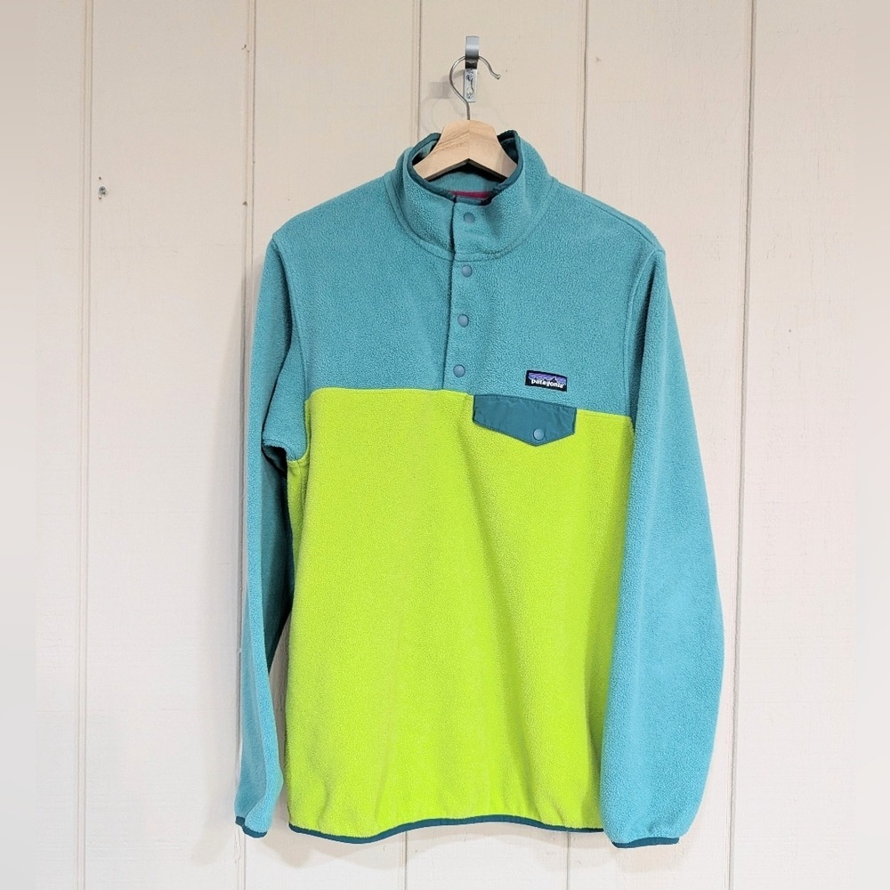 Patagonia Lime‎ Green Teal Color Block Synchilla Quarter Snap Fleece Pullover